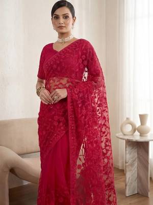 Red embellished embroidered net designer saree 5