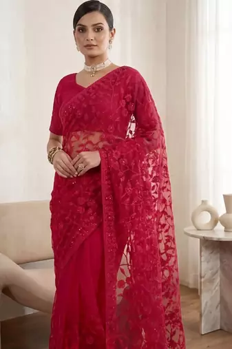 Red embellished embroidered net designer saree