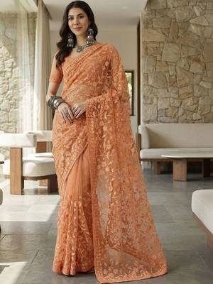 Peach floral embroidered net designer saree 1