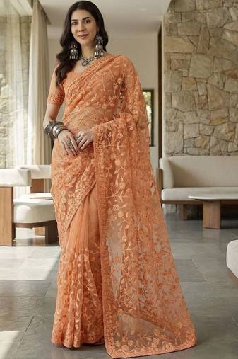 Peach floral embroidered net designer saree