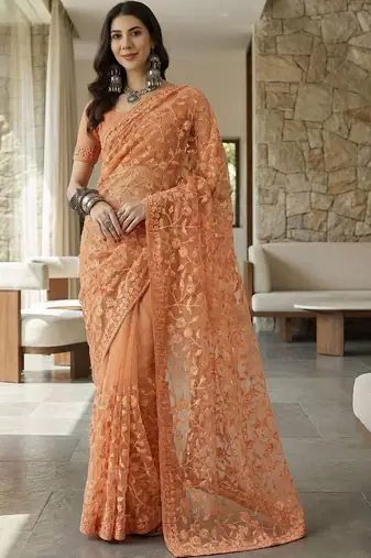 Peach floral embroidered net designer saree