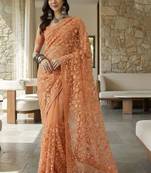 Peach floral embroidered net designer saree