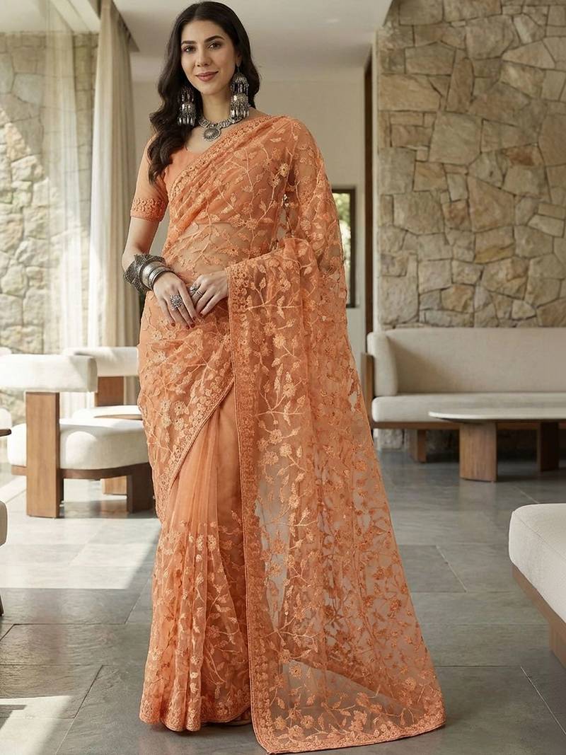 Peach floral embroidered net designer saree
