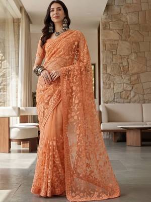 Peach floral embroidered net designer saree 2