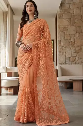 Peach floral embroidered net designer saree