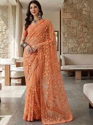 Peach floral embroidered net designer saree 3
