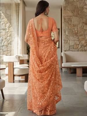 Peach floral embroidered net designer saree 4