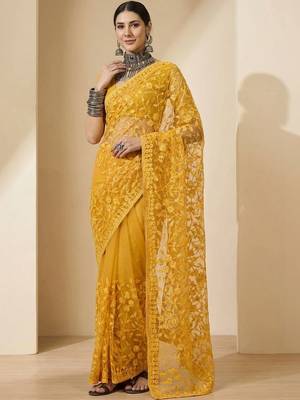 Mustard floral embroidered net designer saree 1