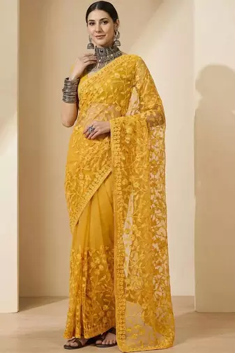 Mustard floral embroidered net designer saree