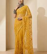 Mustard floral embroidered net designer saree