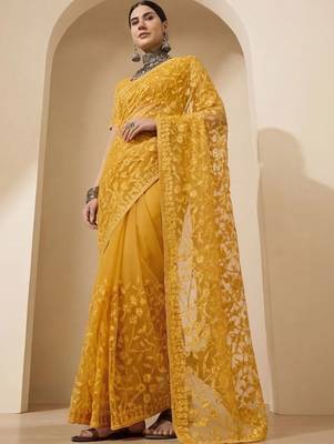 Mustard floral embroidered net designer saree 2
