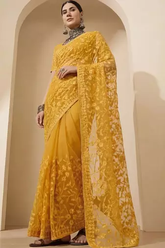 Mustard floral embroidered net designer saree