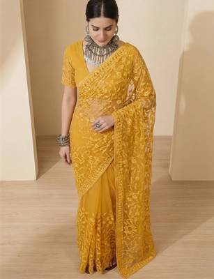 Mustard floral embroidered net designer saree 3