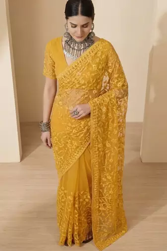 Mustard floral embroidered net designer saree