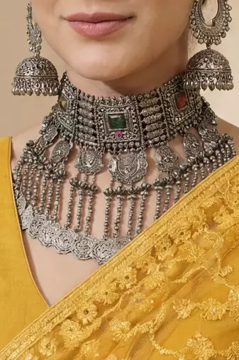 Mustard floral embroidered net designer saree