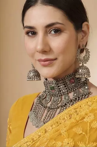 Mustard floral embroidered net designer saree