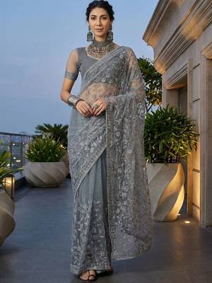 Grey embellished embroidered net designer saree 1
