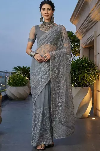 Grey embellished embroidered net designer saree