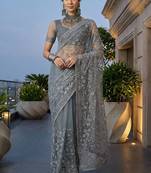 Grey embellished embroidered net designer saree
