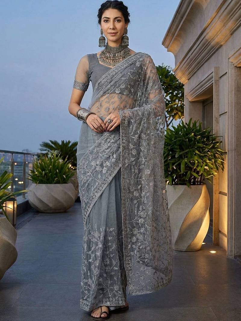 Grey embellished embroidered net designer saree