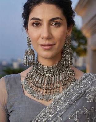 Grey embellished embroidered net designer saree 2