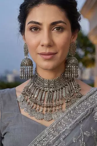 Grey embellished embroidered net designer saree