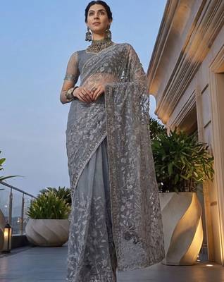 Grey embellished embroidered net designer saree 3