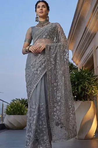 Grey embellished embroidered net designer saree