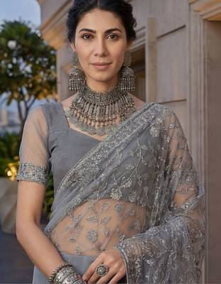 Grey embellished embroidered net designer saree 4