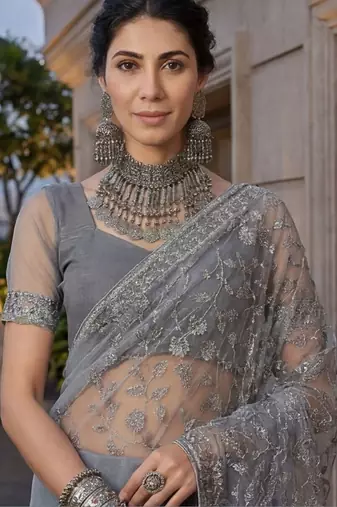 Grey embellished embroidered net designer saree
