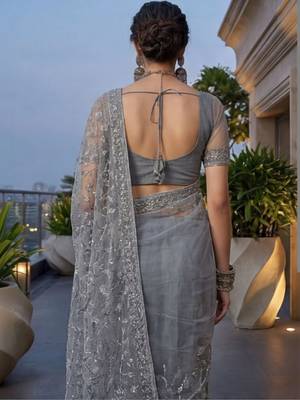 Grey embellished embroidered net designer saree 5