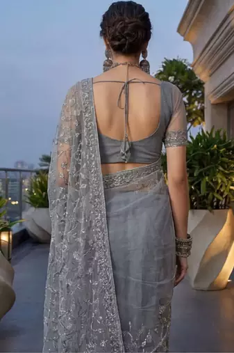 Grey embellished embroidered net designer saree