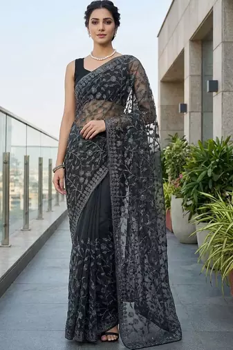 Black embellished embroidered net designer saree