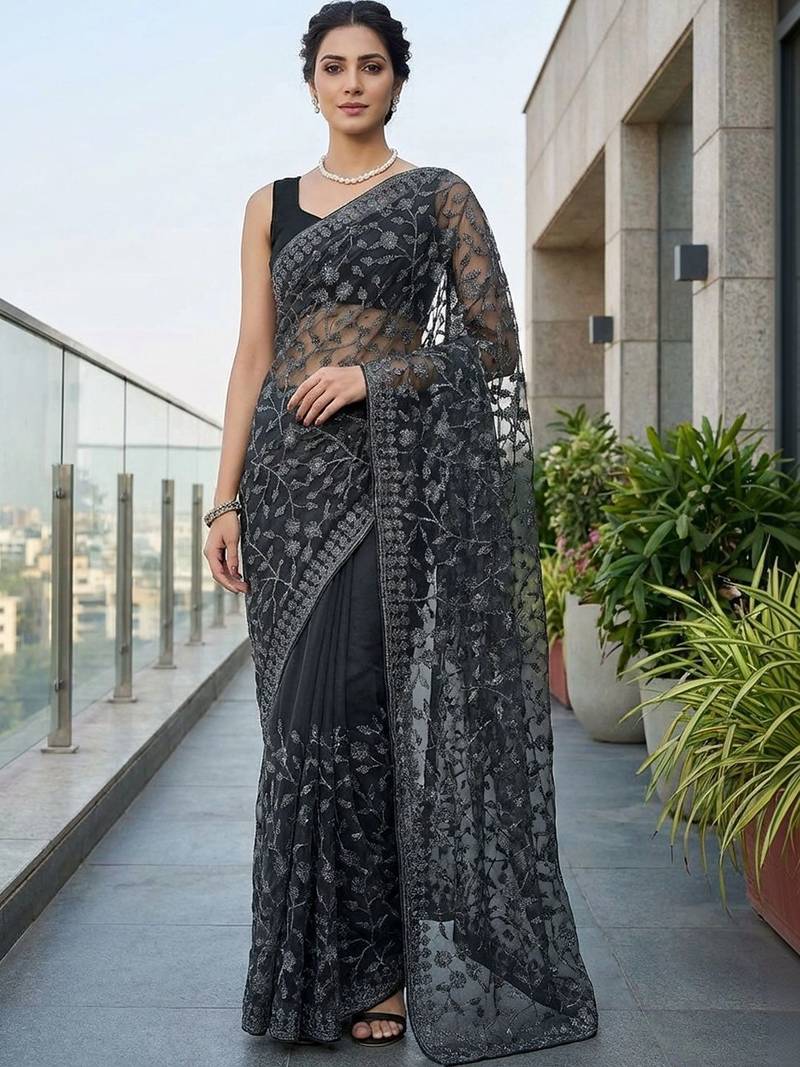 Black embellished embroidered net designer saree