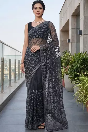 Black embellished embroidered net designer saree