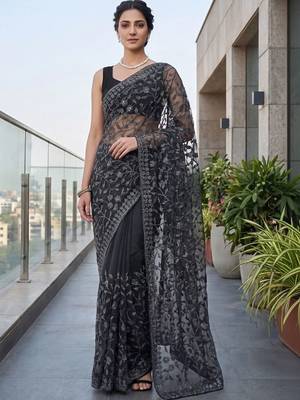 Black embellished embroidered net designer saree 3