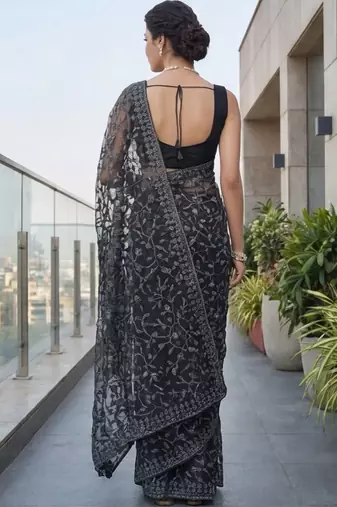 Black embellished embroidered net designer saree