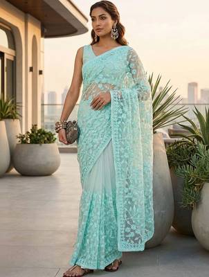 Turquoise embellished embroidered net designer saree 1