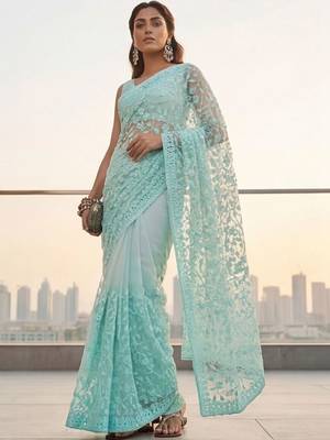Turquoise embellished embroidered net designer saree 2