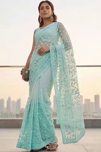Turquoise embellished embroidered net designer saree