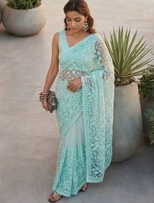Turquoise embellished embroidered net designer saree 3