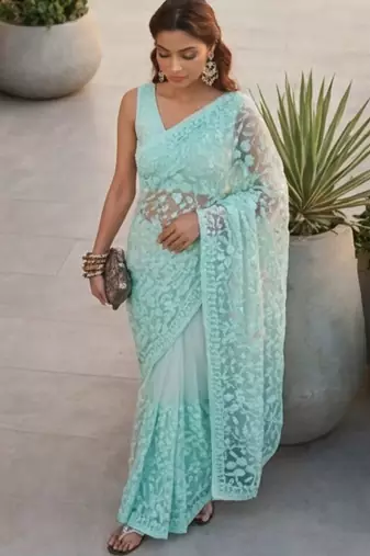 Turquoise embellished embroidered net designer saree