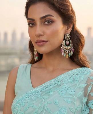 Turquoise embellished embroidered net designer saree 5