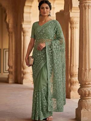 Sea green floral embroidered net designer saree 1