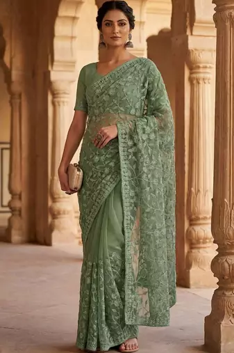 Sea green floral embroidered net designer saree