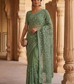 Sea green floral embroidered net designer saree