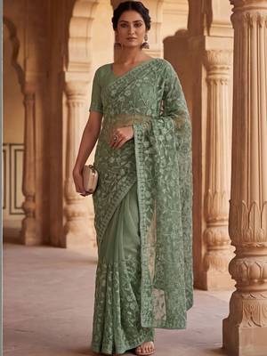 Sea green floral embroidered net designer saree 2