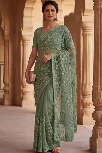 Sea green floral embroidered net designer saree