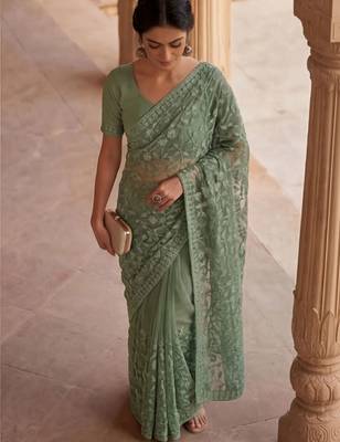 Sea green floral embroidered net designer saree 3