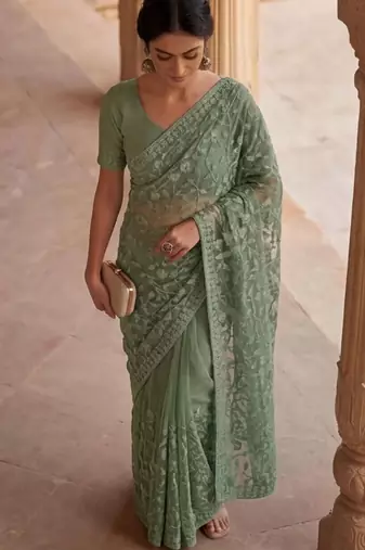 Sea green floral embroidered net designer saree